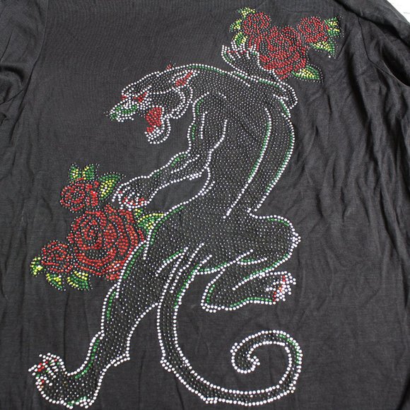 Vintage Womens Top Size S Black High Neck Black Panther Rhinestone - Picture 3 of 8